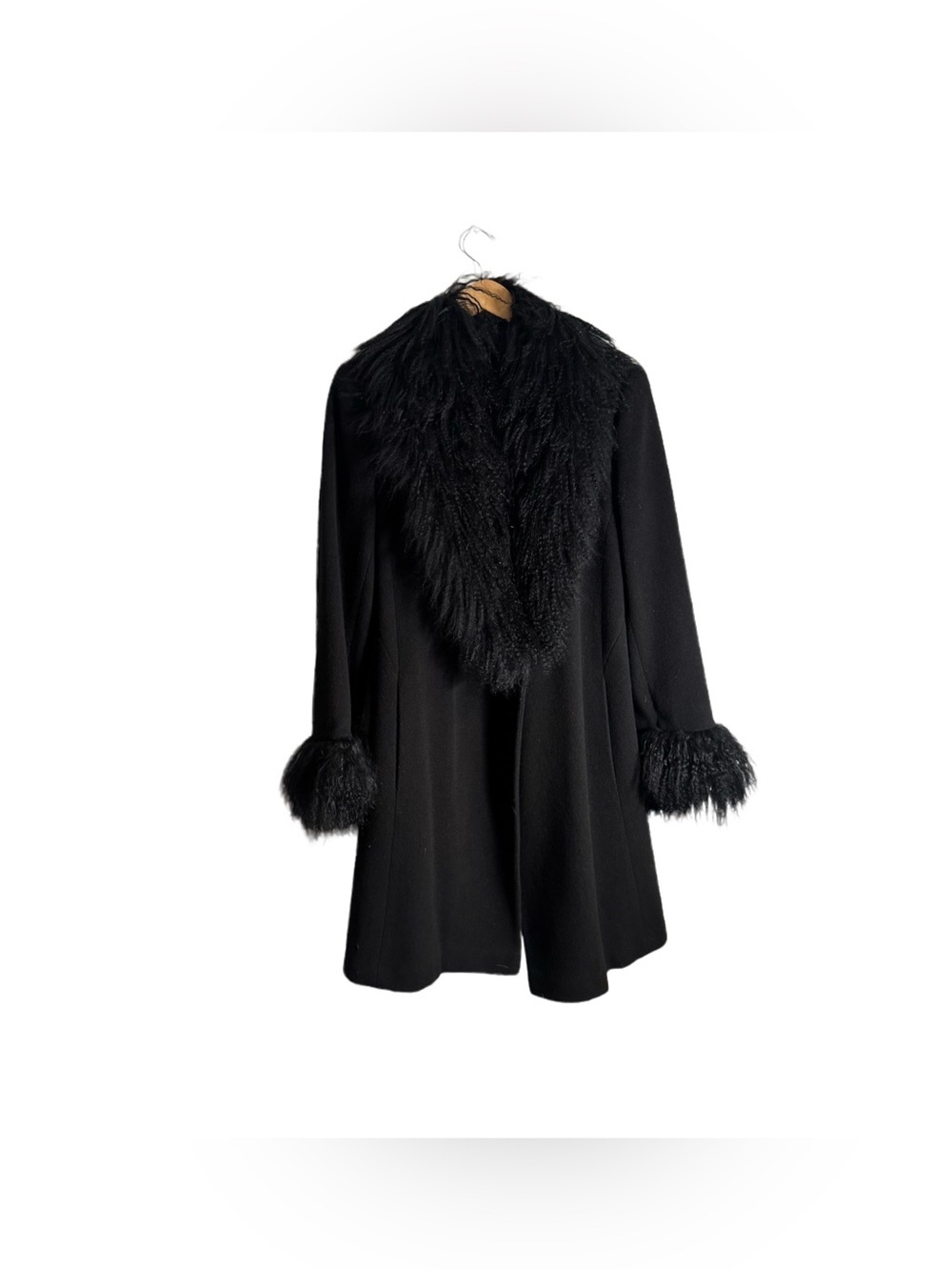 Marvin Richard's Wool Trench Coat Women's 8 Black Himalayan Sheep Fur Trim 90s - Picture 2 of 7